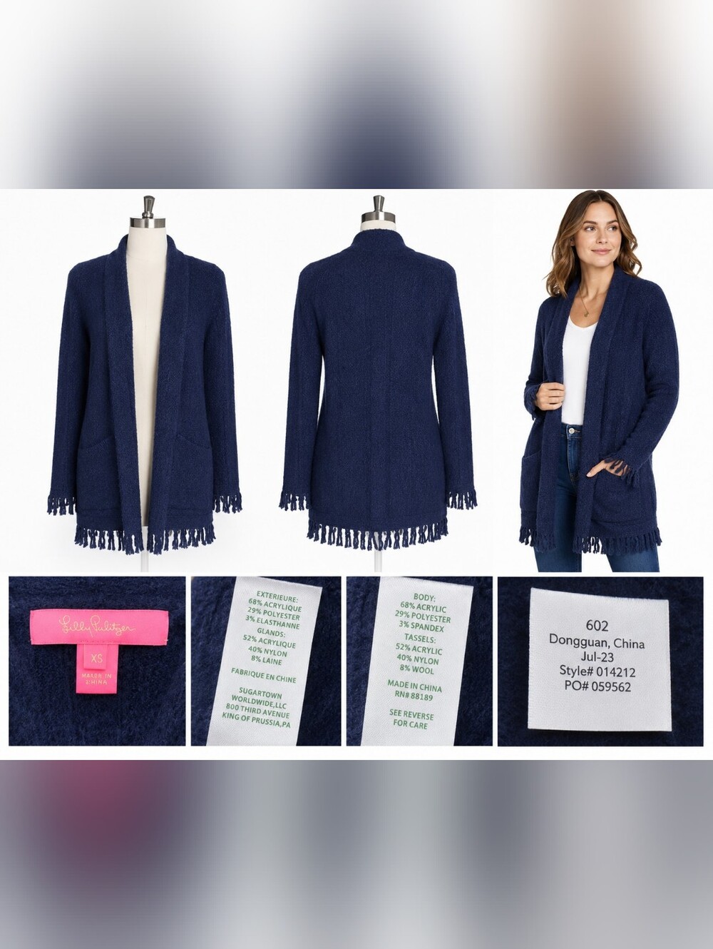 Lilly Pulitzer XS Navy Fringe Open Front Cardigan Sweater Cozy Knit Pockets.